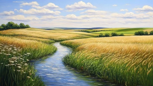 Peaceful River Through Golden Field Art