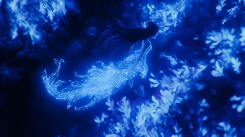 Luminous Mermaid Amidst Blue Foliage