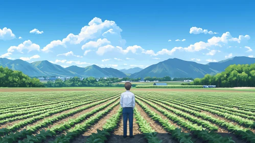 Man in Field Gazing at Mountains Artwork