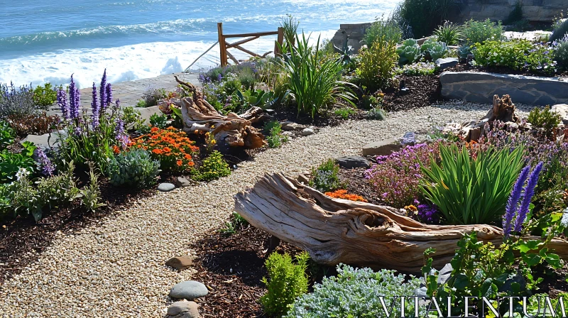 Seaside Garden with Flowers and Driftwood AI Image