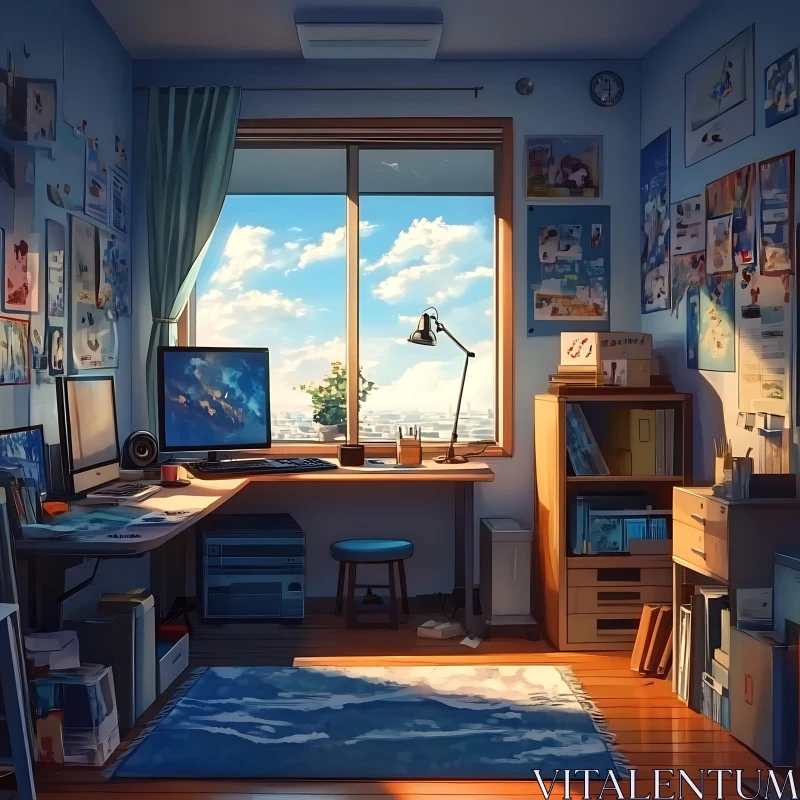 AI ART Sunlit Workspace with Blue Accents