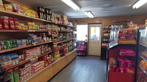 Convenience Store Interior with Snacks and Food Items