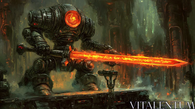 AI ART Mechanical Guardian with Flaming Blade