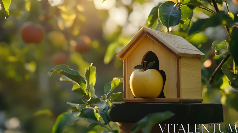 AI ART Golden Apple in Wooden Birdhouse