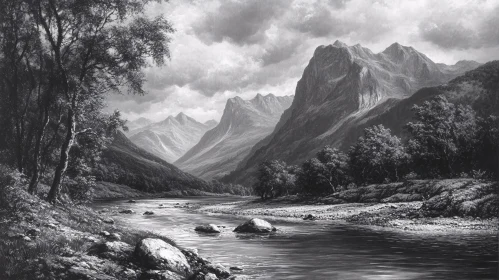 Peaceful Monochrome Valley with Flowing River