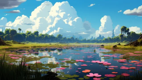 Anime Art Inspired Lily Pond with Trees and Sky
