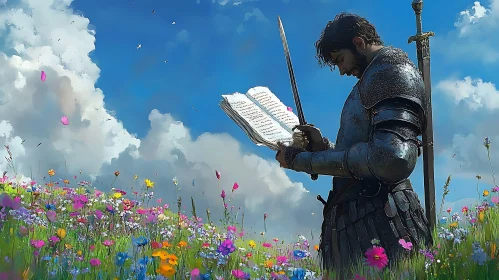 Armored Knight Reading Book in Meadow