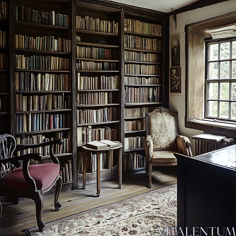 AI ART Vintage Library Interior with Bookshelves