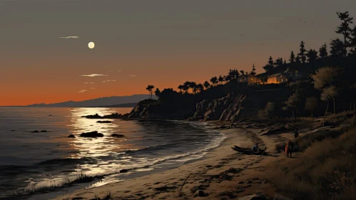Chiaroscuro-lit Beach Scene at Sunset in California