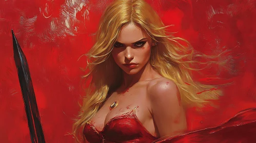 Red Portrait of a Blonde Warrior Woman