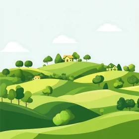 Rolling Hills and Houses Vector Illustration