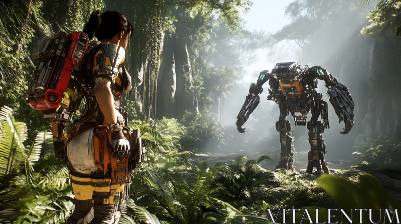 Woman and Robot in Dense Jungle AI Image