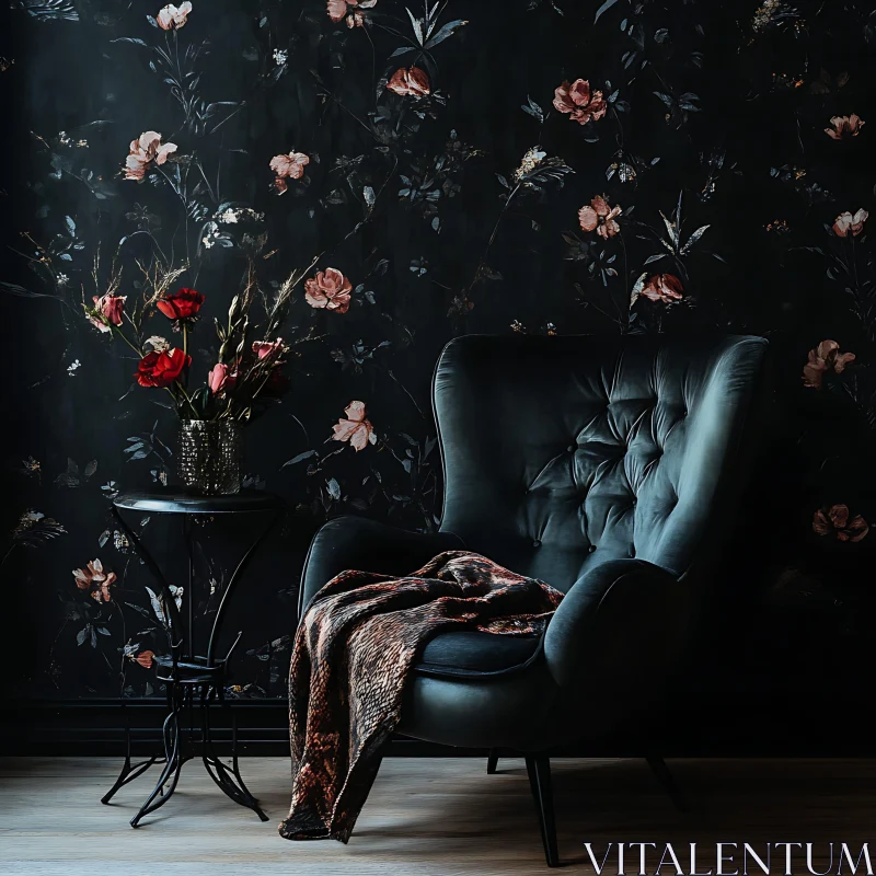 AI ART Vintage Room with Floral Wallpaper