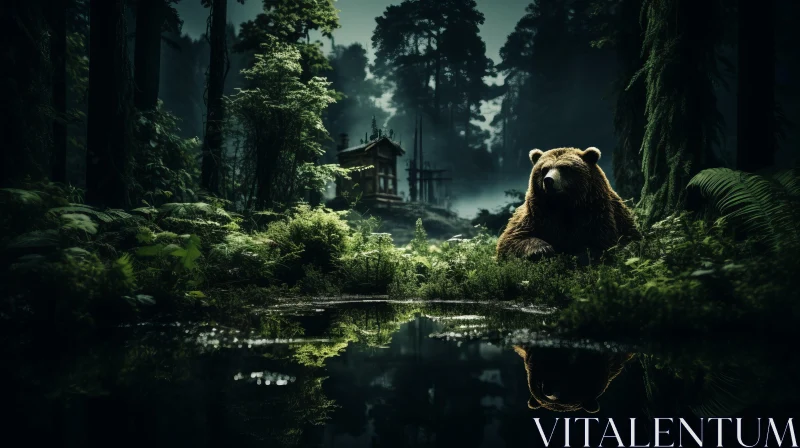 Mysterious Bear Near Waterfall in Surreal Natural Setting AI Image