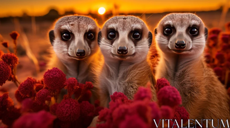 Silhouetted Meerkats Amidst Red Flowers at Sunset AI Image