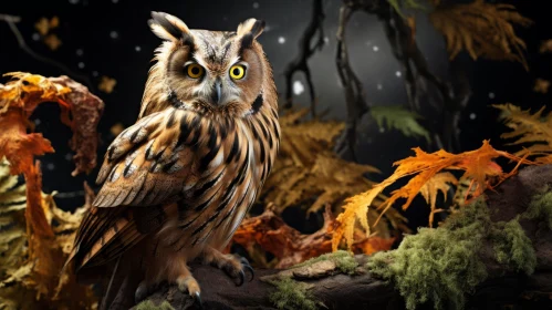 Two-faced Owl Amidst Autumn Leaves at Night - Photo-realistic Art
