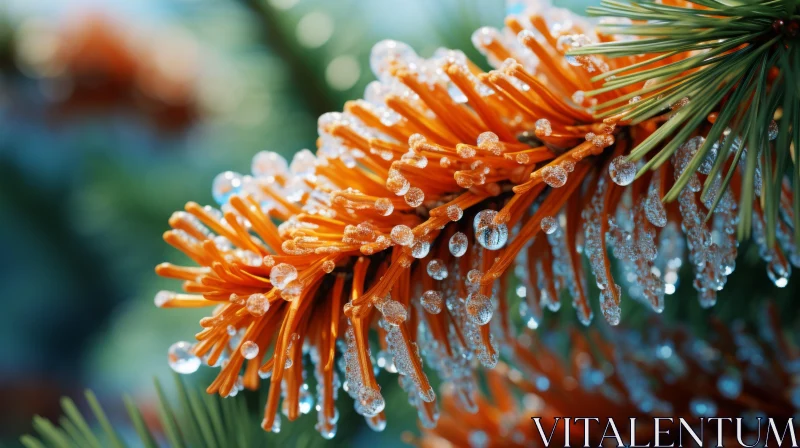 Winter's Beauty: Pine Branch with Icy Droplets AI Image