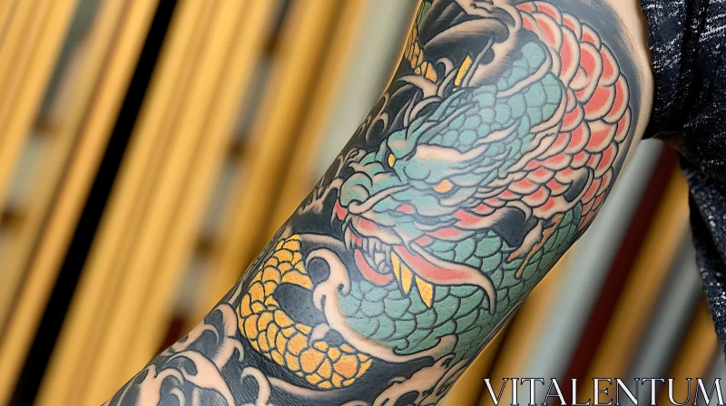 Vivid Japanese Dragon Arm Tattoo AI Image