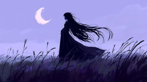 Moonlit Figure in a Lavender Field