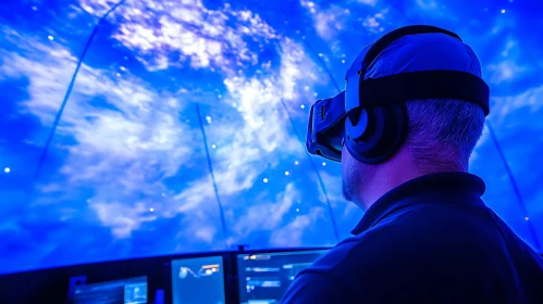 Man Using VR Headset in Blue Simulated Environment