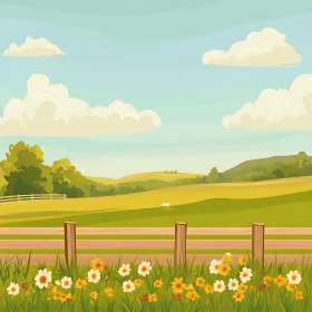 Scenic Field View with Fence and Flowers