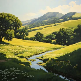 Green Meadow and Stream Landscape Painting