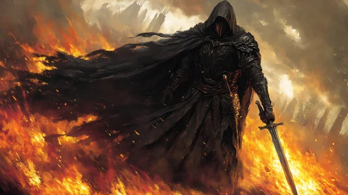 Cloaked Warrior in Fiery Landscape