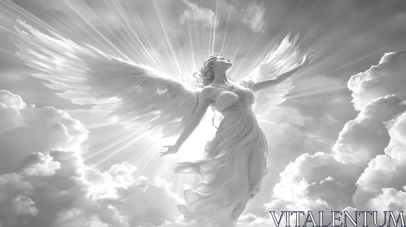 AI ART Monochrome Angel with Wings in the Sky