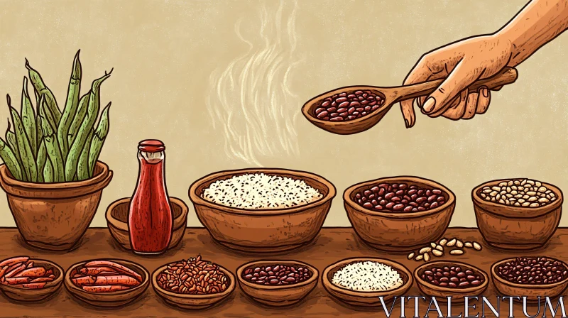 A Culinary Illustration of Beans, Rice, and Spices AI Image