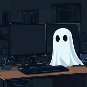 Cartoon Ghost at Computer Desk