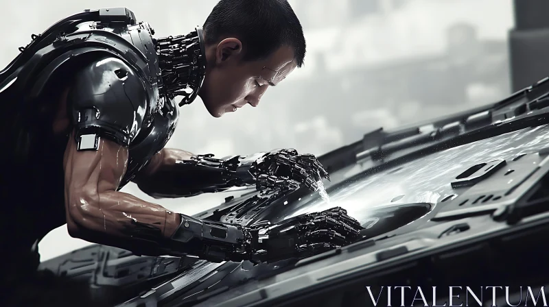 Humanoid Cyborg Engaged in Machine Repair AI Image