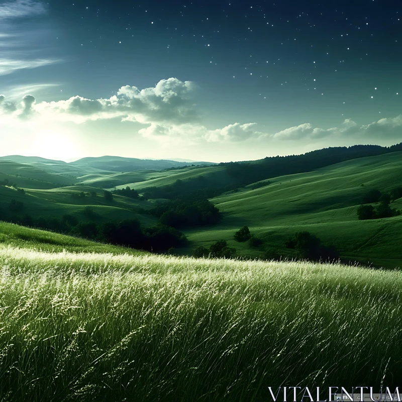 AI ART Serene Green Landscape with Starry Sky