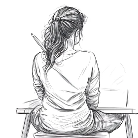 Pencil Sketch of Woman with Ponytail