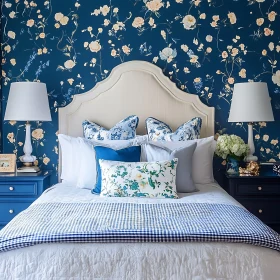 Cozy Bedroom Interior with Blue Floral Accents