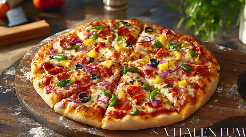 Tasty Homemade Pizza with Pepperoni and Vegetables AI Image