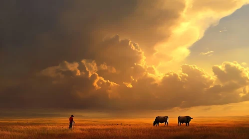 Cattle Grazing at Sunset