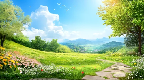 Scenic Green Meadow with Flowers and Path