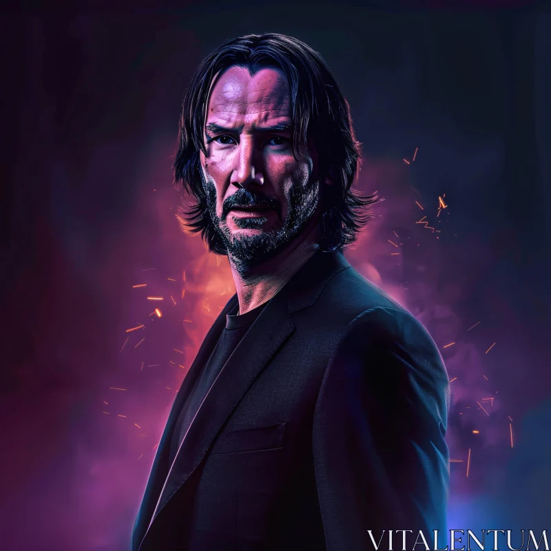 Keanu Reeves in Dark Suit with Dramatic Background AI Image