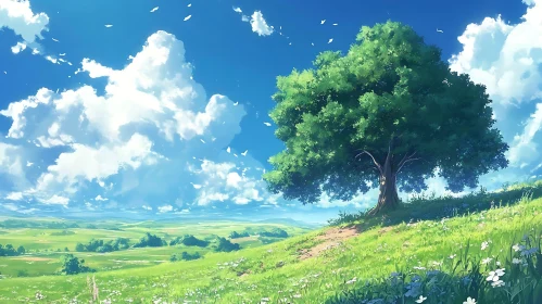 Picturesque Landscape with Tree and Cloudy Sky