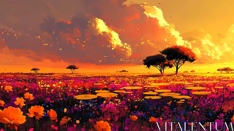 AI ART Scenic Sunset Over a Blooming Meadow