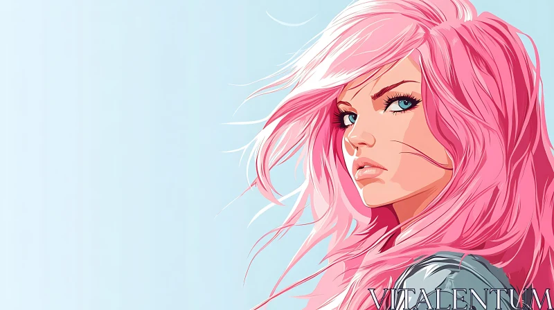 Stylized Woman with Pink Hair and Blue Eyes AI Image