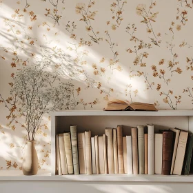 Serene Bookshelf with Flowers and Sunlight