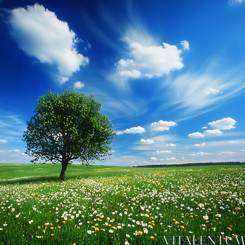 AI ART Lush Field with Tree and Blue Sky