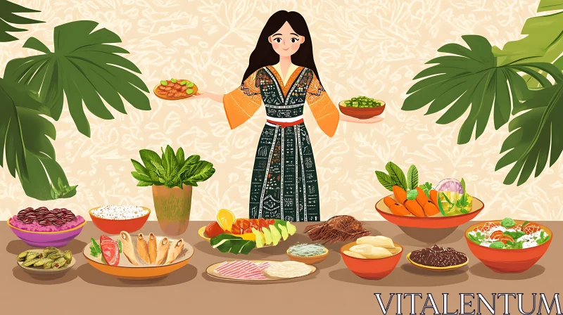 Abundant Food Presentation with Woman AI Image