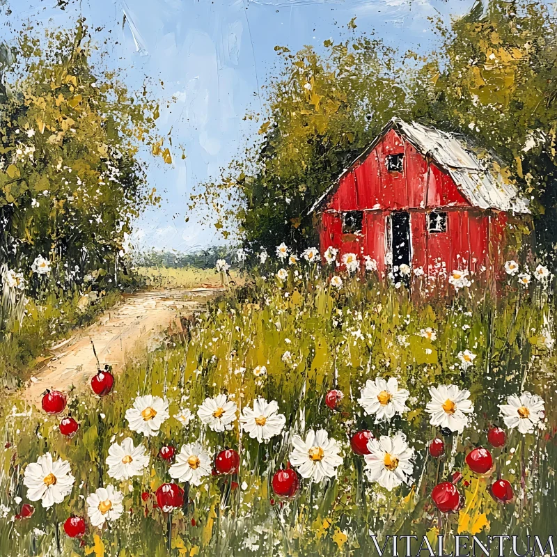 AI ART Red Barn and Daisy Field Painting