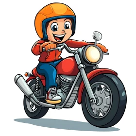 Cheerful Boy on Red Motorcycle Cartoon