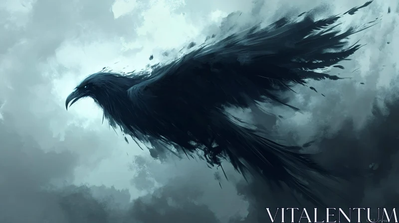 Dark Raven Soaring Through Clouds AI Image