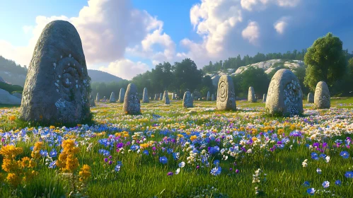 Ancient Stones Among Blooming Flowers