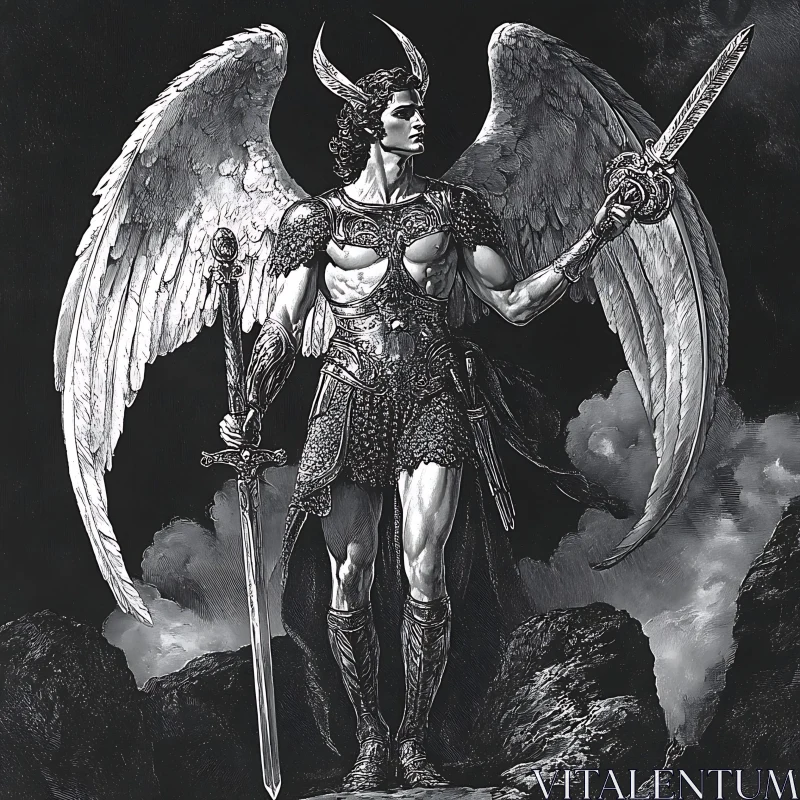 AI ART Monochrome Angelic Warrior Illustration