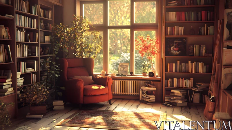 AI ART Sunlit Library with Armchair